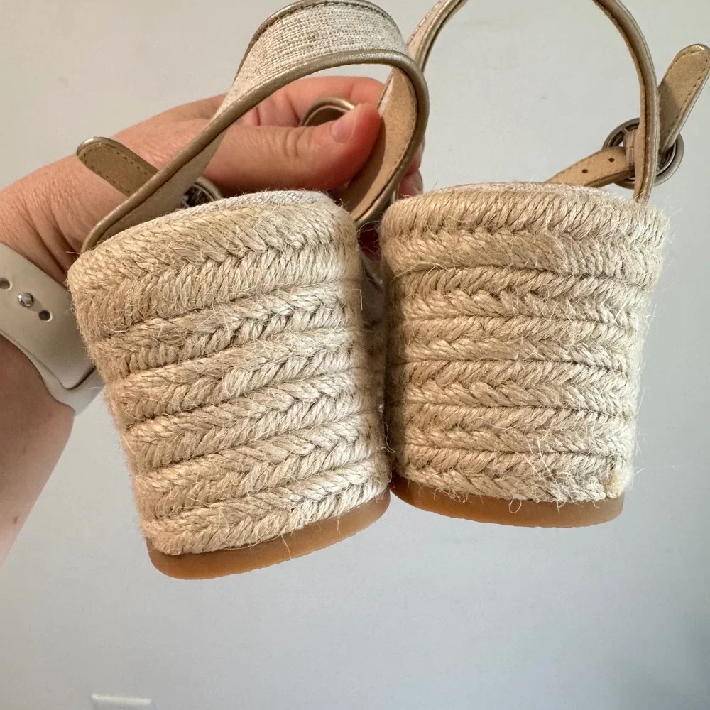 J.Crew Espadrille Block Heel Sandals Beige Gold Linen BW888 Womens 6